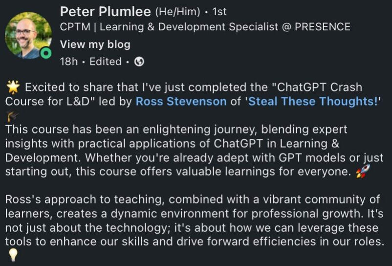 a testimonial from an L&D consultant stating: "The AI for L&D crash course has great teaching and a dynamic environment for learning".