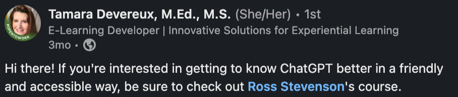 a testimonial from an L&D manager stating: "This AI for L&D crash made ChatGPT friendly and accessible to use".