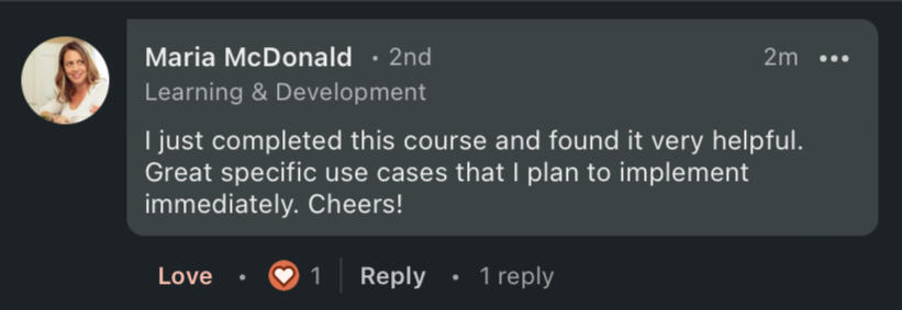 a testimonial from an L&D manager stating: "This AI for L&D crash course is very helpful"