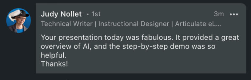 a testimonial from an instructional designer stating: "This AI for L&D crash was incredibly helpful".