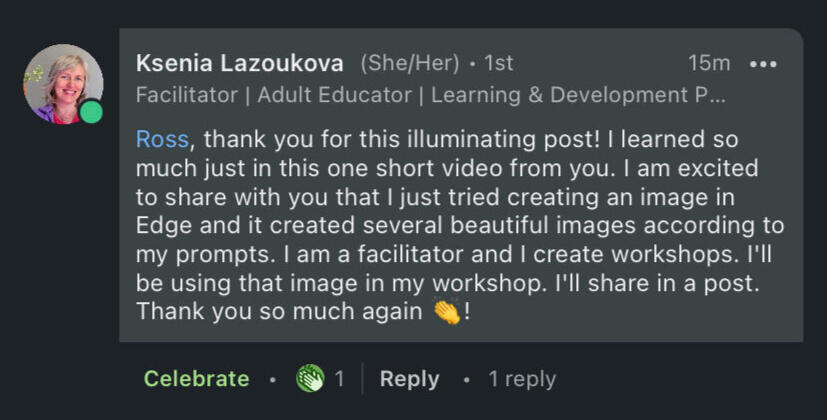 a testimonial from an facilitator stating: "I've learnt so much from the AI for L&D crash course".