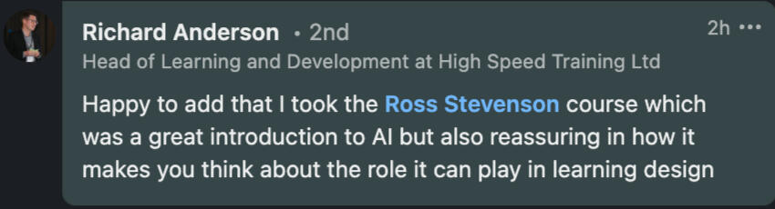 a testimonial from aa Head of L&D stating: "This AI for L&D crash course was a great introduction to AI".