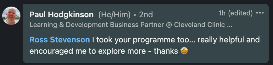 a testimonial from an L&D manager stating: "This AI for L&D crash course encourage me to experiment with AI".