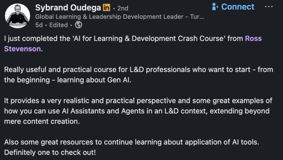 A testimonial for the AI for L&D crash course